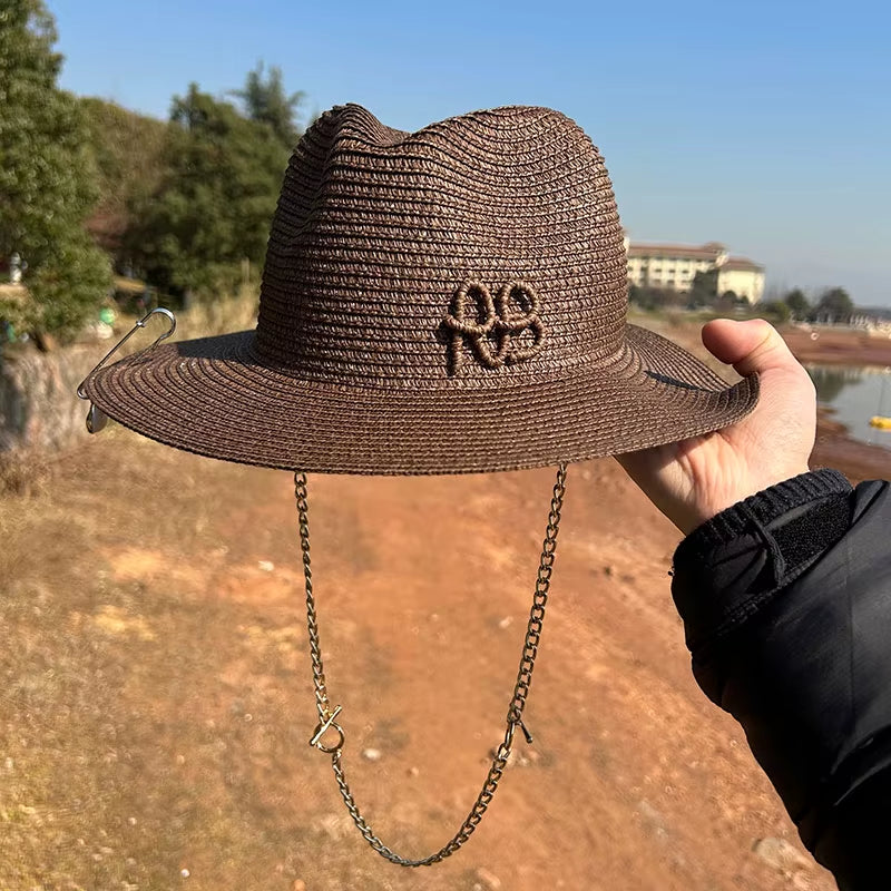 Summer Fedora Hat Metal Chain Beach Hats Customized New English Letter Hats for Men and Women Panama Punk Hats Derby Party Hat