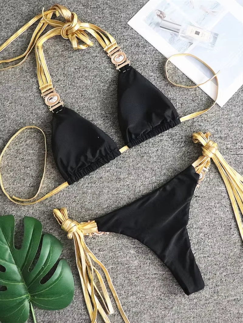 Sexy Crystal Bikini Set Luxury Push-Up Tassel Swimwear Women Brazilian Red Pink Rhinestone Bathing Suit Tanga Swimwear 2025