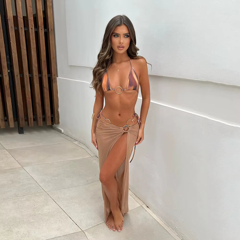 Sexy Print 3 Pieces Micro Bikinis Women Swimsuit 2024 Swimwear Bathing Suit Beachwear with Long Skirt Bikini Set Biquini Female