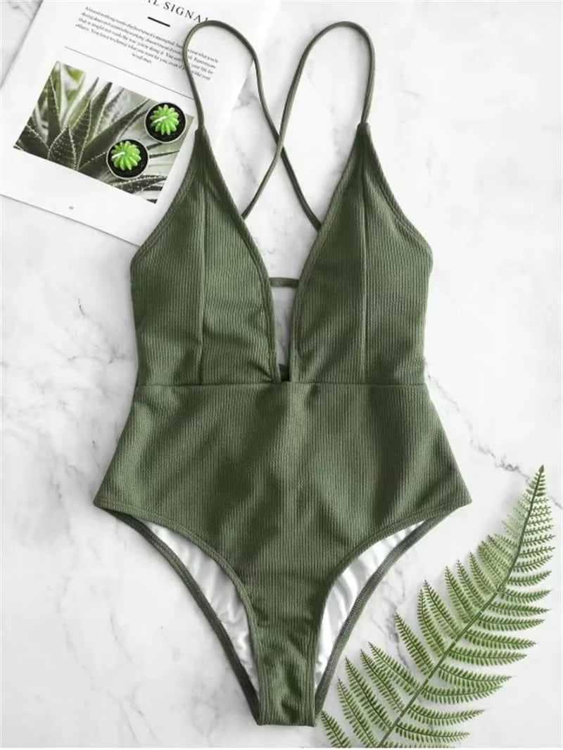 2024 Sexy Halter Solid Women Swimwear Blue High Cut Out One Piece Swimsuit Backless Thong Swim Suit Female Bathing Suit Monokini