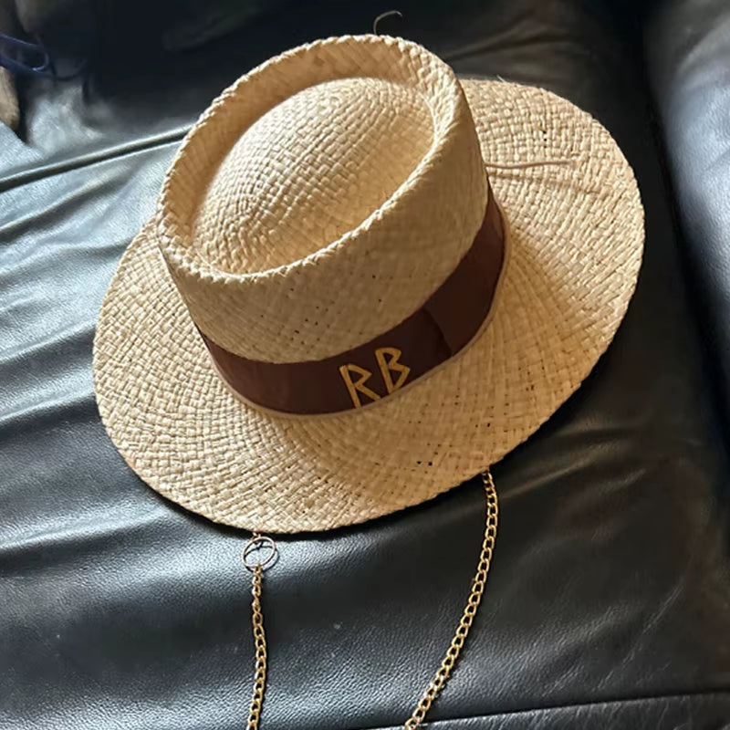 Chain Strap Straw Fedora Hat Embellished Beach Hats with Chain for Women Straw Woven Sun Hats Summer Holidaty Panama Hat