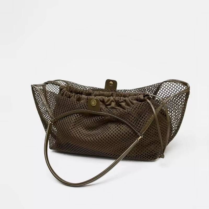 Women Large Capacity Mesh Beach Travel Shoulder Bag Casual Shopper Totes Beach Toy Storage Bag Hollow Mesh Fishing Net Tote Bag