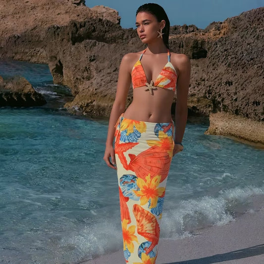 Bikini Trois Pièces Ensemble Haut Court Cravate-Détail Imprimé Floral Ensemble Jupe Costume