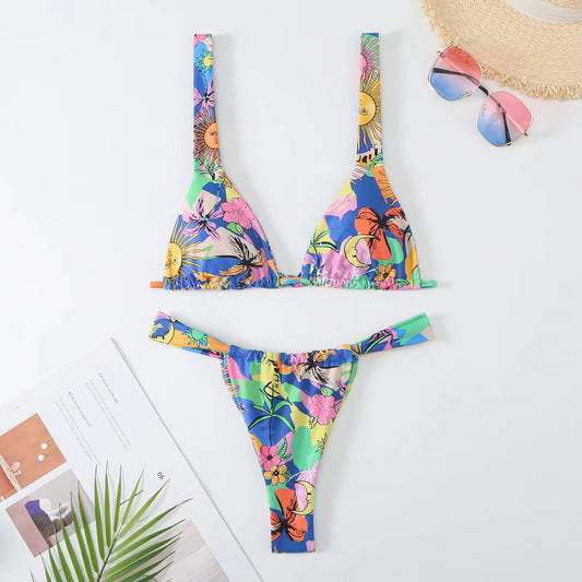 Lovely Flower Print Bikini Set Women 2024 Low Waist 2-Piece Swimsuit Sexy Thong Swimwear Summer Beach Vacation Bathing Suit New