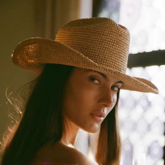 Handmade Raffia Straw Sun Hat for Women Wide Brim Crochet Cowboy Hat with Adjustable Velcro and Memory Wire Summer Beach Hat
