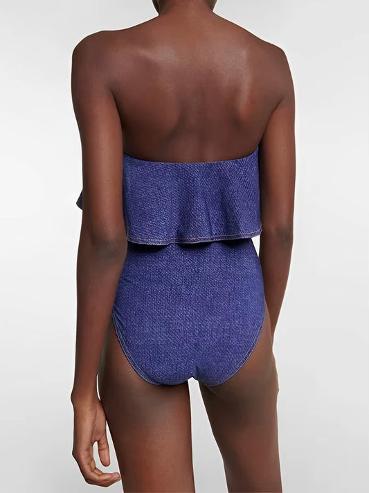 Maillot De Bain Femmes Une Pièce Sans Bretelles À Volants Denim 2025 