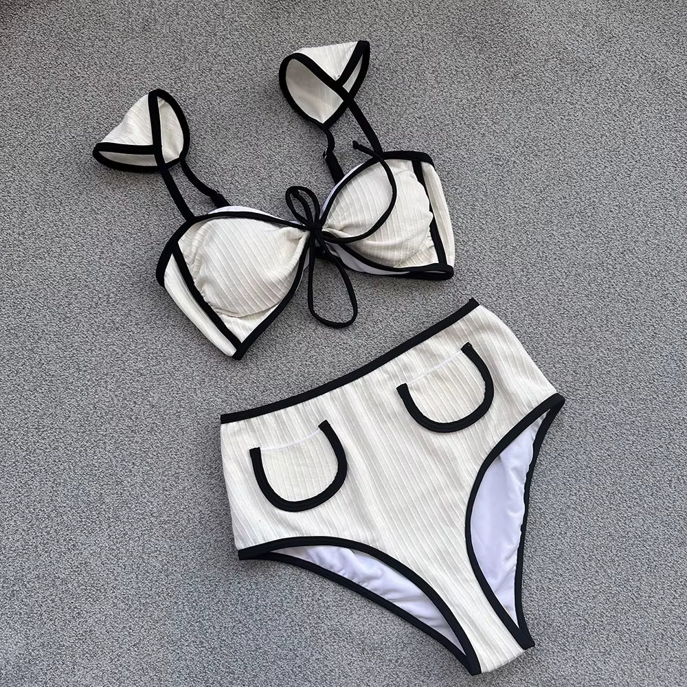 Ribbed Bikini Swimwear Women High Waist Swimsuit Bandage Bikini Set High Cut Swimwear Biquini High Waist Beach Wear Swim