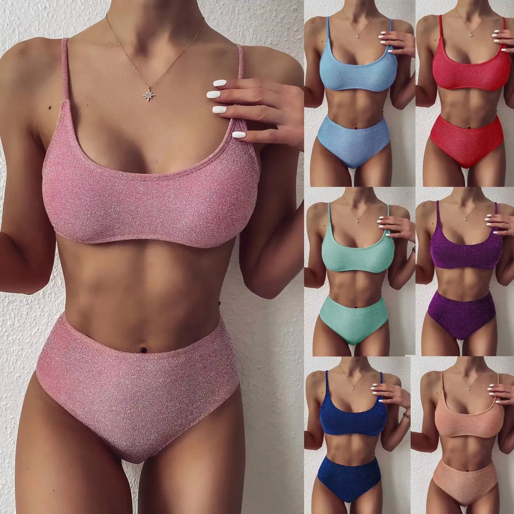 Sexy Sequin Bikini Shiny Solid Pink Push up High Waist Bikini Set Female High Cut Bathing Suit Halter Top Swimwear Beachwear