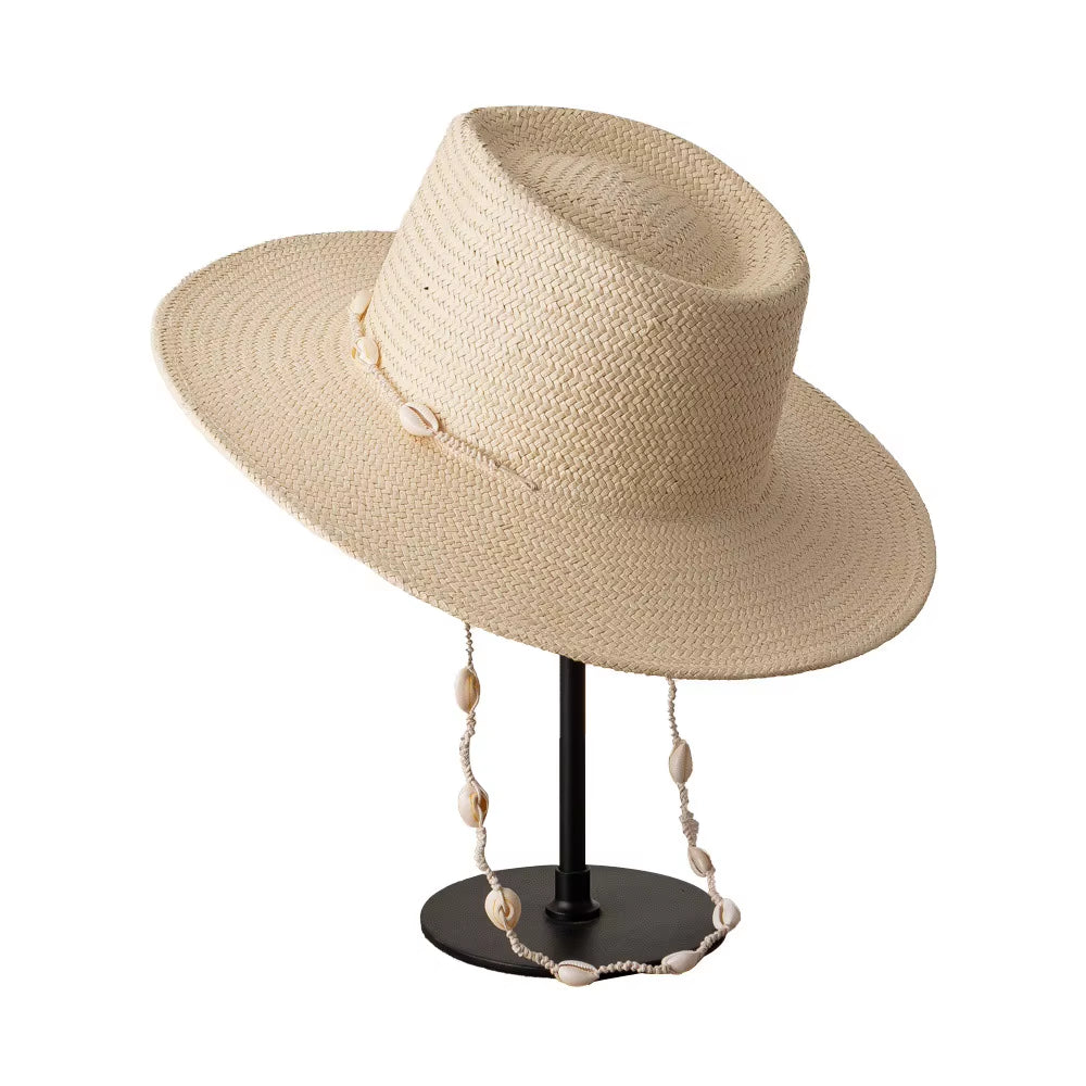 French Vintage Jazz Straw Hat Summer Beach Straw Hat for Women with Shell Strap | Handwoven Wide Brim Sun Hat for Vacation