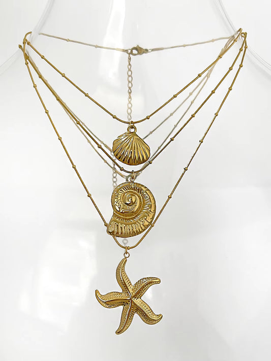 Minimalist Starfish Stripe Conch Scallop Shaped Pendant Necklace for Women Waterproof Trend Jewelry Summer Beach Party
