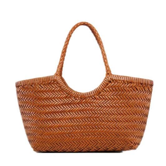 Hand-Woven Genuine Leather Woven Casual Vegetable Basket Bag with Casual Woven inside Bag Vintage Shopping Bag Tote Bag