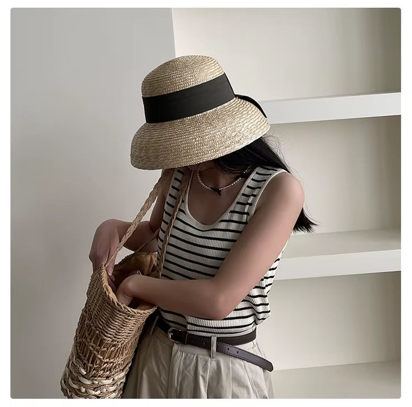 Designer Hats Fashion Natural Straw Beach Straw Hat for Women French Hepburn Style Summer Sun Hat Vintage Basin Hat Wholesale