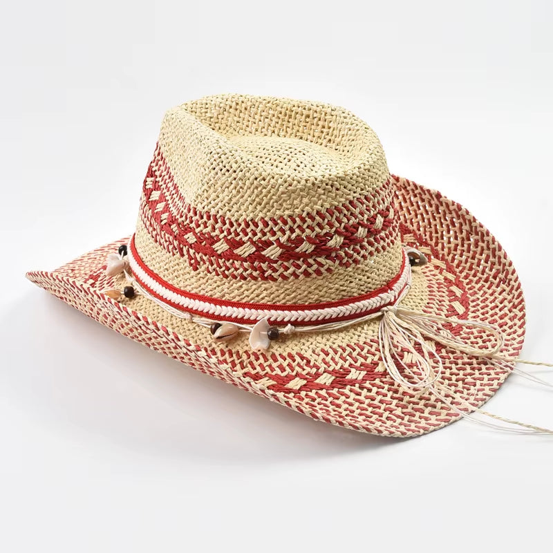 Natural Straw Hats for Women Ethnic Style Western Cowboy Hat Summer Holidays Beach Sun Hat
