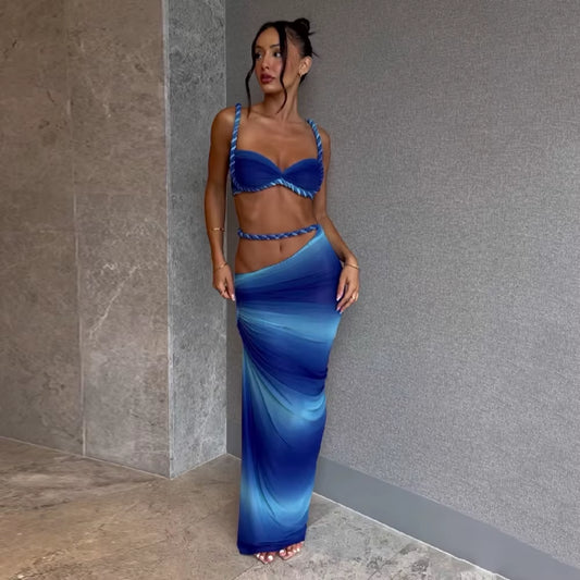 Blue Gradient 3 Pieces Bikini Set with Cover up Push up Bikinis Women Swimsuit Female Swimwear Long Skirt Bathing Suit Beachwea