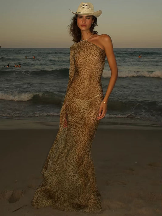 Robe Maxi Femmes Épaule Inclinée Dos Nu Plage Vacances Club- Imprimé Léopard 