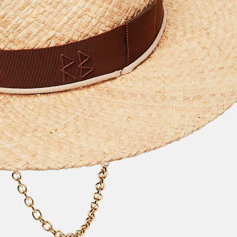 Chain Strap Straw Fedora Hat Embellished Beach Hats with Chain for Women Straw Woven Sun Hats Summer Holidaty Panama Hat