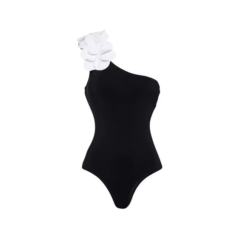 Maillot De Bain Asymétrique À Fleurs Pour Femmes, Noir Et Blanc, Contrasté, Une Pièce, Neuf, 2024