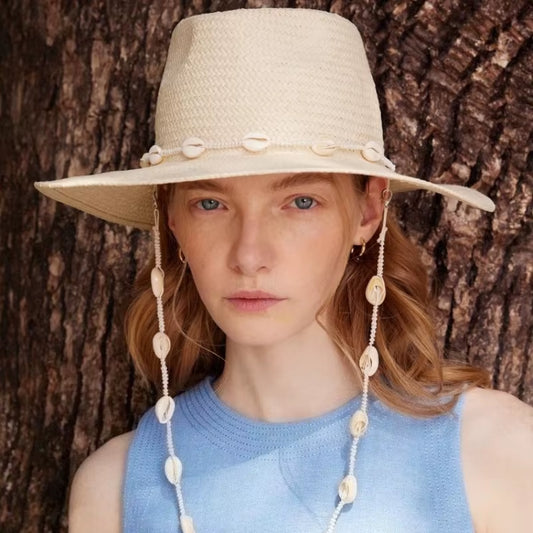 French Vintage Jazz Straw Hat Summer Beach Straw Hat for Women with Shell Strap | Handwoven Wide Brim Sun Hat for Vacation