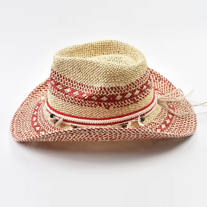 Natural Straw Hats for Women Ethnic Style Western Cowboy Hat Summer Holidays Beach Sun Hat