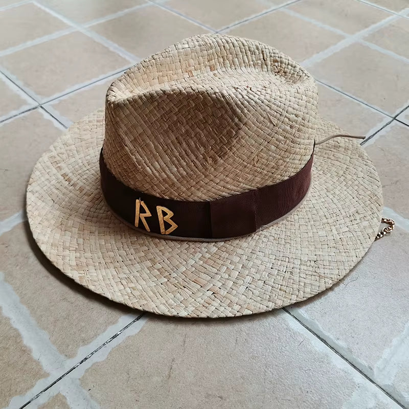 Chain Strap Straw Fedora Hat Embellished Beach Hats with Chain for Women Straw Woven Sun Hats Summer Holidaty Panama Hat