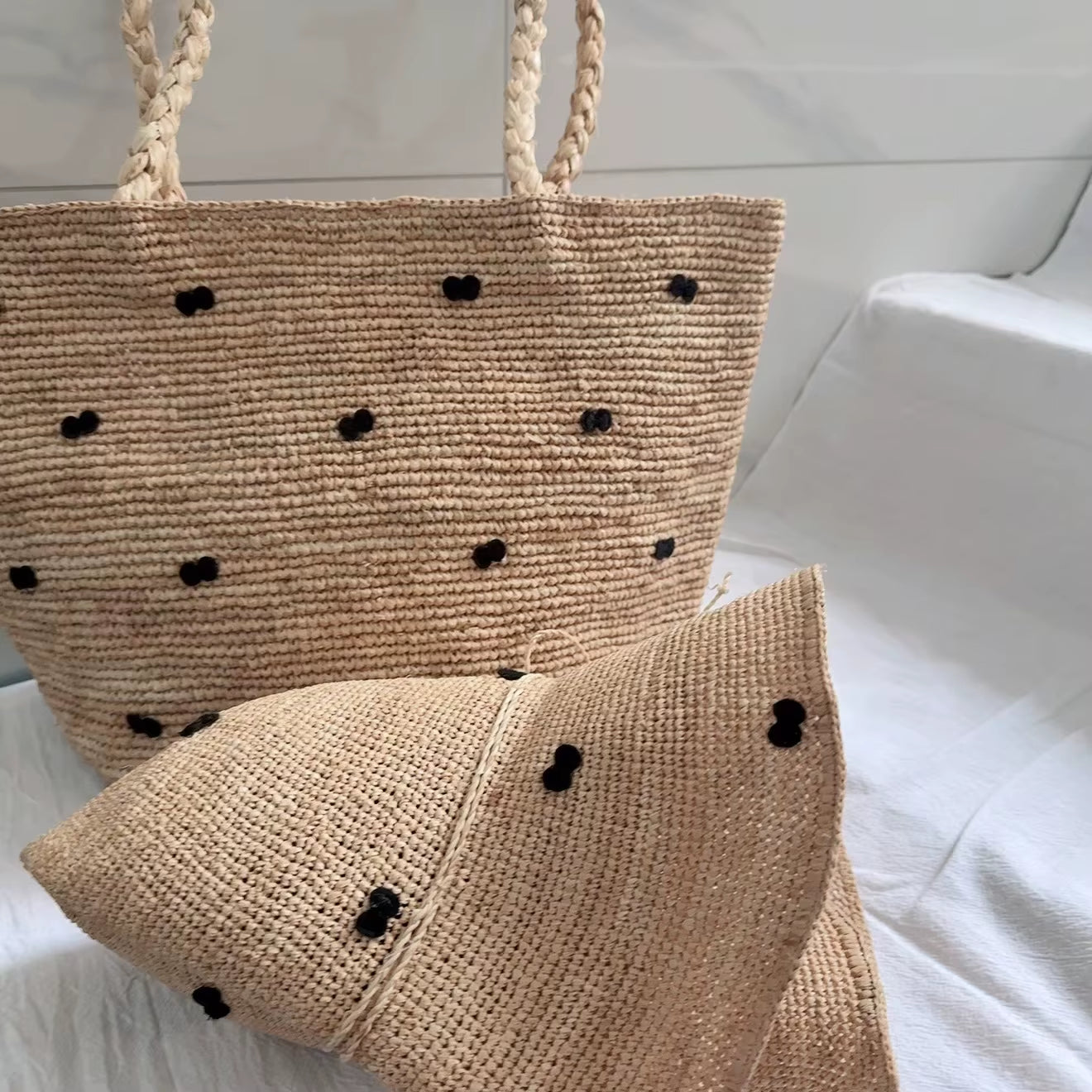 Raffia Straw Bow Decor Sun Hat & Tote Bag Set | Natural Handmade Beach Accessories, Foldable Wide Brim Hat Large Capacity Bag |