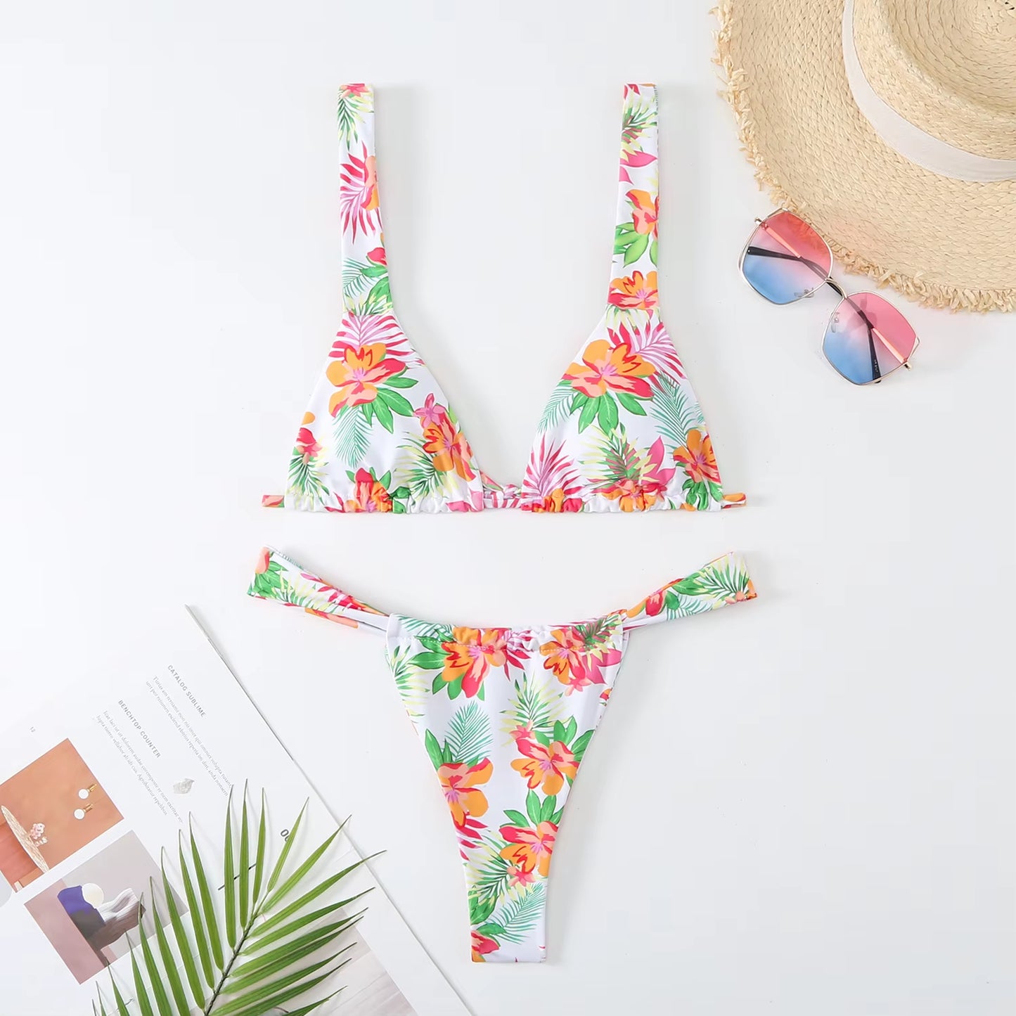 Lovely Flower Print Bikini Set Women 2024 Low Waist 2-Piece Swimsuit Sexy Thong Swimwear Summer Beach Vacation Bathing Suit New