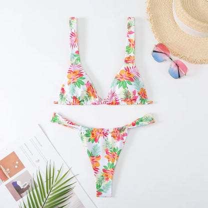 Lovely Flower Print Bikini Set Women 2024 Low Waist 2-Piece Swimsuit Sexy Thong Swimwear Summer Beach Vacation Bathing Suit New