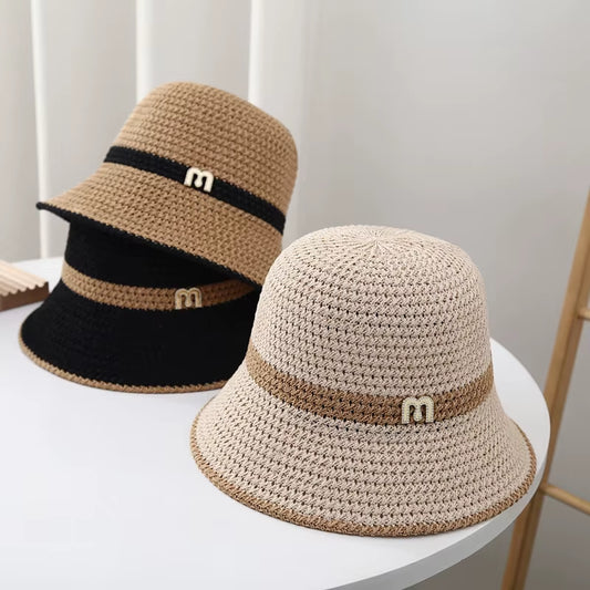 2023 Summer Knitted Hollow Sun Hats for Women Matching Color Sunshade Ladies Holiday Beach Bucket Hat Fisherman Cap Wholesale