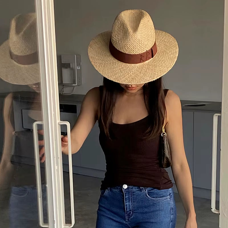 Chain Strap Straw Fedora Hat Embellished Beach Hats with Chain for Women Straw Woven Sun Hats Summer Holidaty Panama Hat