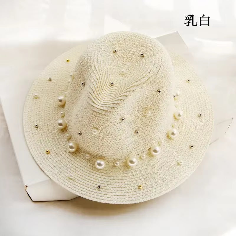 New Spring Summer Hats for Women Flower Beads Wide Brimmed Jazz Panama Hat Sun Visor Beach Hat Flower Pearl Rivet Straw Hat