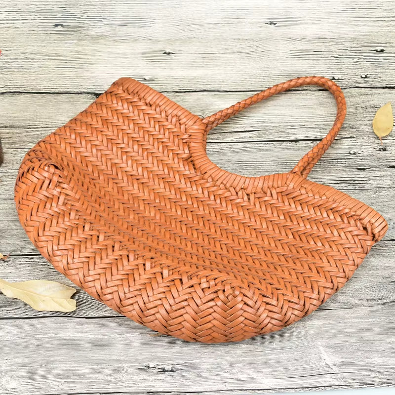 Hand-Woven Genuine Leather Woven Casual Vegetable Basket Bag with Casual Woven inside Bag Vintage Shopping Bag Tote Bag