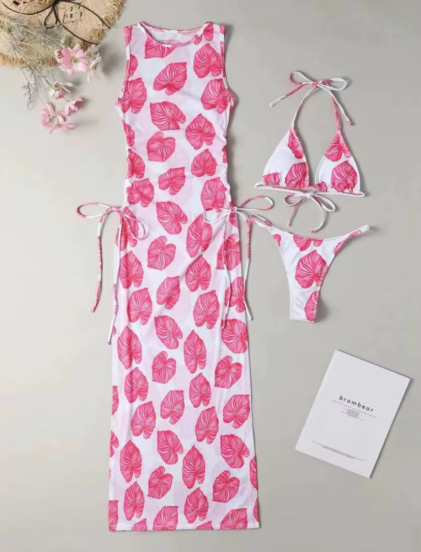 3 Pieces Leaf Print Thong Bikini 2025 Women with Cover up Swimwear Female Trikini Swimsuit Bathers Bathing Swimming Suit Summer