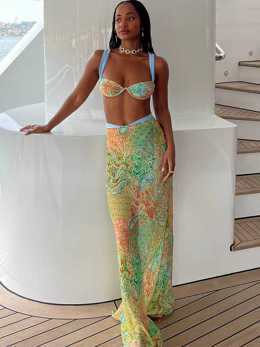 Ensemble 2 Pièces Pour Femmes, Haut De Soutien-Gorge Imprimé Coloré + Jupes Maxi Creuses Taille Haute