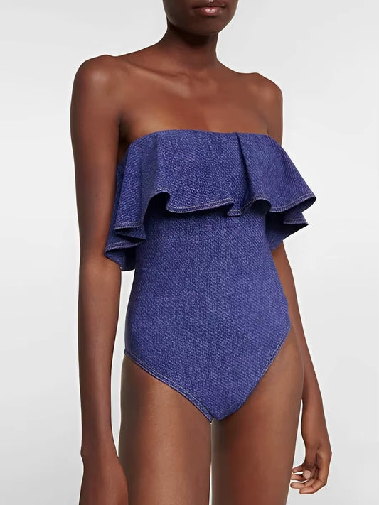 Maillot De Bain Femmes Une Pièce Sans Bretelles À Volants Denim 2025 