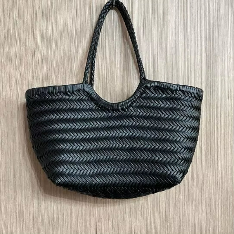Hand-Woven Genuine Leather Woven Casual Vegetable Basket Bag with Casual Woven inside Bag Vintage Shopping Bag Tote Bag