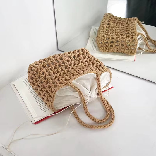 Beach Casual Tote Bags Designer Luxury Bag and Handbags for Women 2023 New in Nylon Artificial Crochet Weave Drawstring Closure