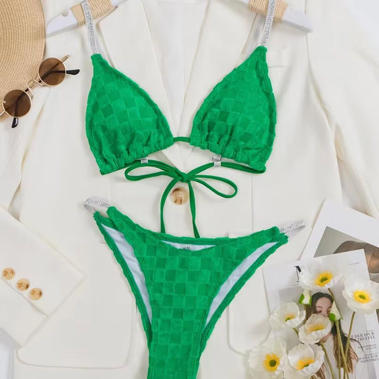 Solid Color Green Two-Piece Swimsuit for Women,Low Waist Bikini,V-Neck Bandage Suspender Backless Swimwear,2024 Summer New