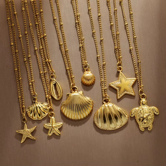 Ocean Series Pendant Necklace for Women Golden Chain Shell Starfish Pendant Summer Beach Women Stainless Steel Jewelry 2025 New