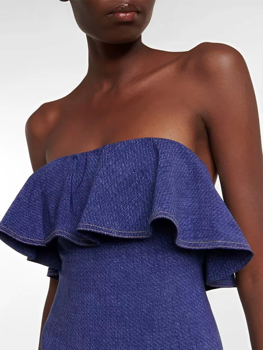 Maillot De Bain Femmes Une Pièce Sans Bretelles À Volants Denim 2025 