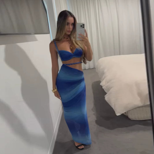 Blue Gradient 3 Pieces Bikini Set with Cover up Push up Bikinis Women Swimsuit Female Swimwear Long Skirt Bathing Suit Beachwea