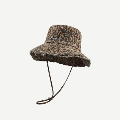 2025 Blue Leopard Print Cowboy Hiking Bucket Hats with String Women Denim Beach Sun Hat Outdoor Bob Panama Summer Fisherman Cap