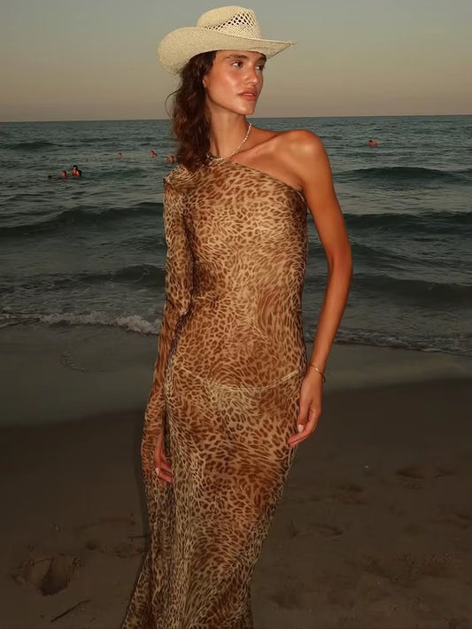 Robe Maxi Femmes Épaule Inclinée Dos Nu Plage Vacances Club- Imprimé Léopard 