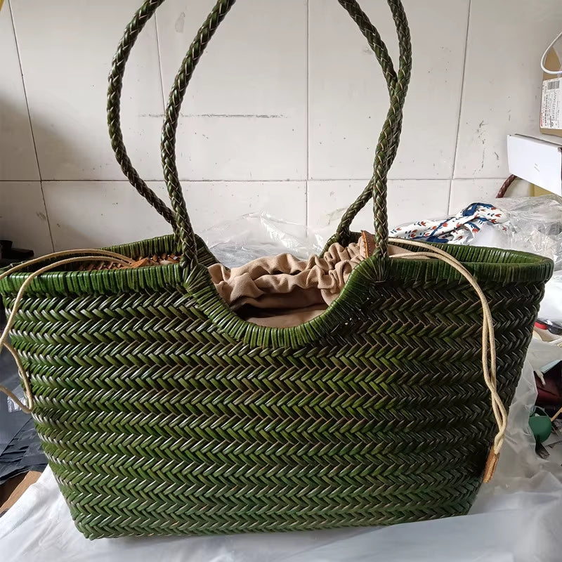 Hand-Woven Genuine Leather Woven Casual Vegetable Basket Bag with Casual Woven inside Bag Vintage Shopping Bag Tote Bag