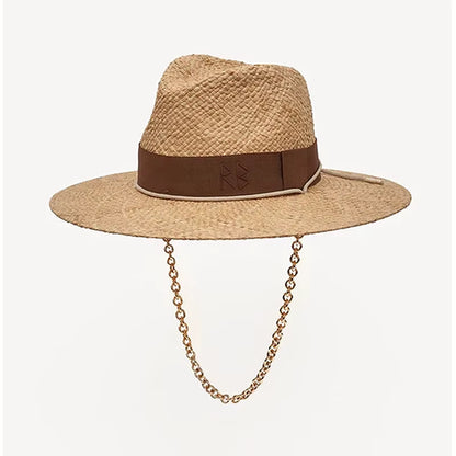 Chain Strap Straw Fedora Hat Embellished Beach Hats with Chain for Women Straw Woven Sun Hats Summer Holidaty Panama Hat