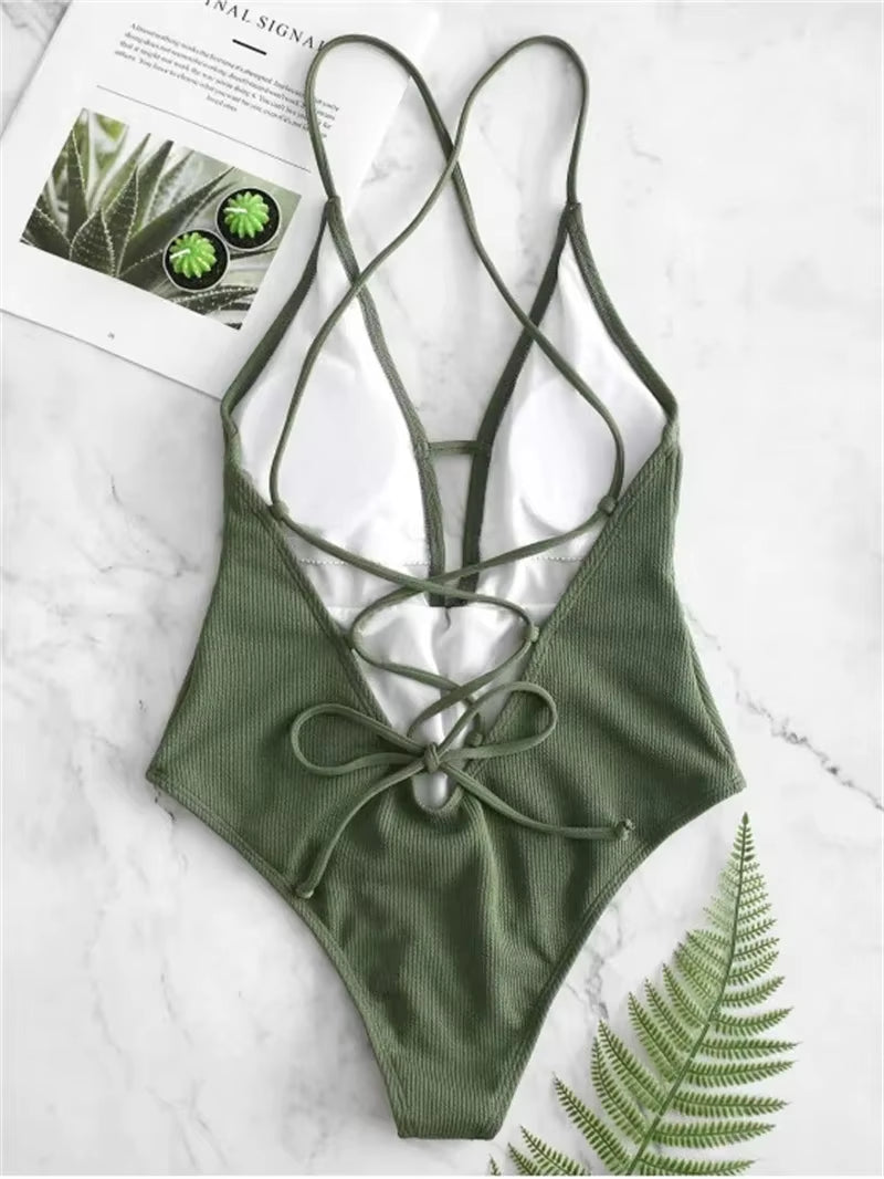 2024 Sexy Halter Solid Women Swimwear Blue High Cut Out One Piece Swimsuit Backless Thong Swim Suit Female Bathing Suit Monokini