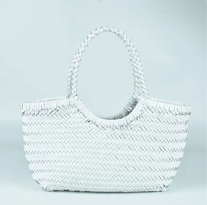 Hand-Woven Genuine Leather Woven Casual Vegetable Basket Bag with Casual Woven inside Bag Vintage Shopping Bag Tote Bag