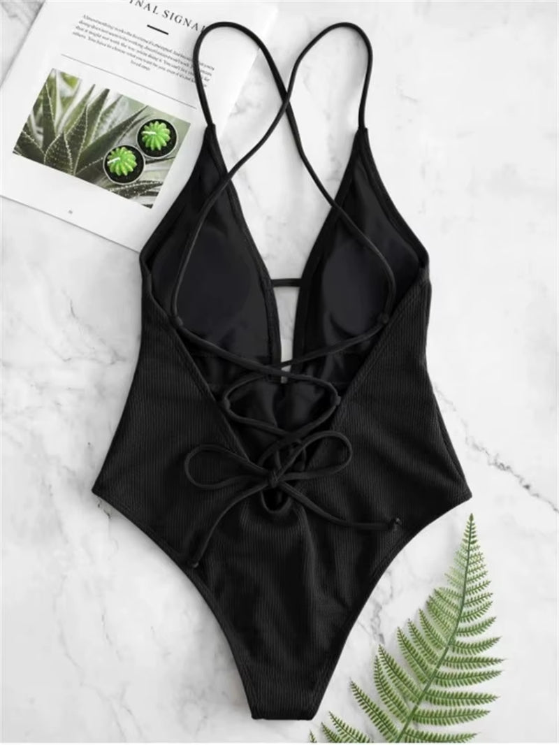 2024 Sexy Halter Solid Women Swimwear Blue High Cut Out One Piece Swimsuit Backless Thong Swim Suit Female Bathing Suit Monokini