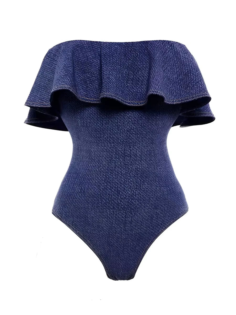 Maillot De Bain Femmes Une Pièce Sans Bretelles À Volants Denim 2025 