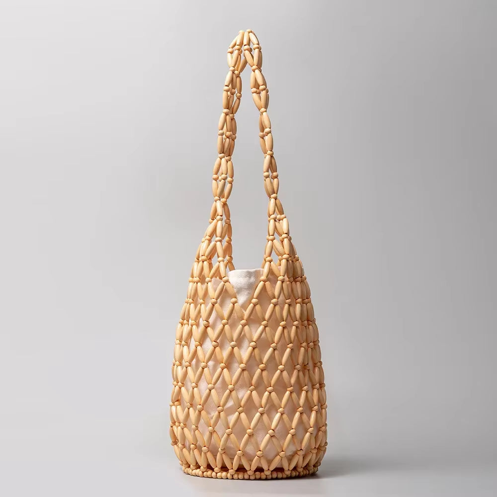 Women Woven Hand Bag Summer Design Hollow-Out Wooden Bead Tote Bucket Shoulder Bag Female Reticulate Netted Canvas Beach Handbag