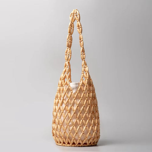 Women Woven Hand Bag Summer Design Hollow-Out Wooden Bead Tote Bucket Shoulder Bag Female Reticulate Netted Canvas Beach Handbag
